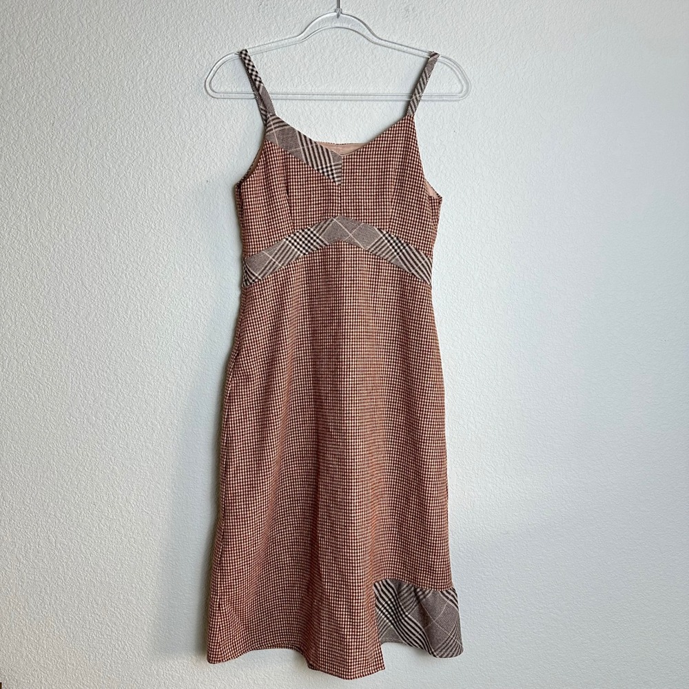 Cotre‎ Brown Plaid Houndstooth Midi Dress Sleeveless V-Neck Side Zip Small